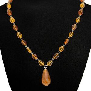 Vintage Amber Art Glass Teardrop Statement Necklace - Boho Deco Style
